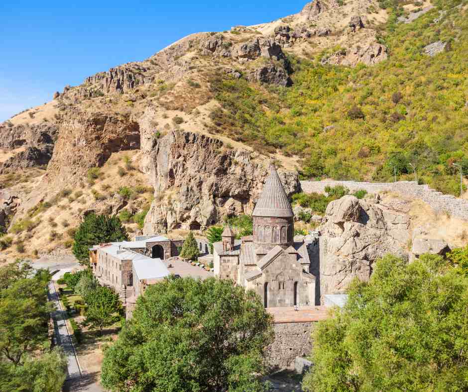 view of Geghard monastery and surrounding mountain